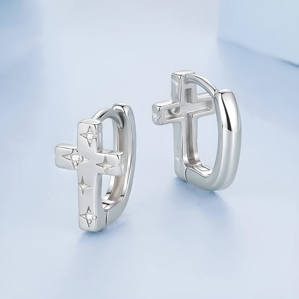 S925 sterling silver star cross ear clip for women, clip-on non-piercing design, European American style