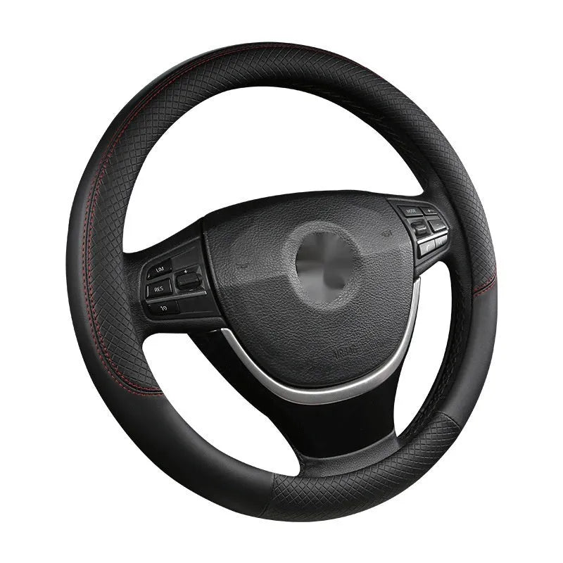 Leather car steering wheel cover with double line stitching, breathable four-season sports style, fits round and D-shaped wheels