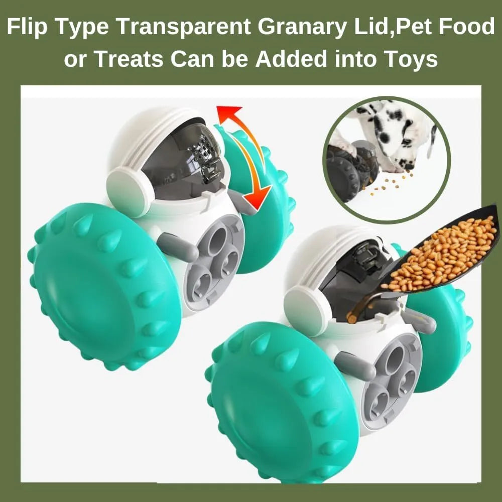 Self-balancing dog treat dispenser puzzle toy with robot design in multiple colours