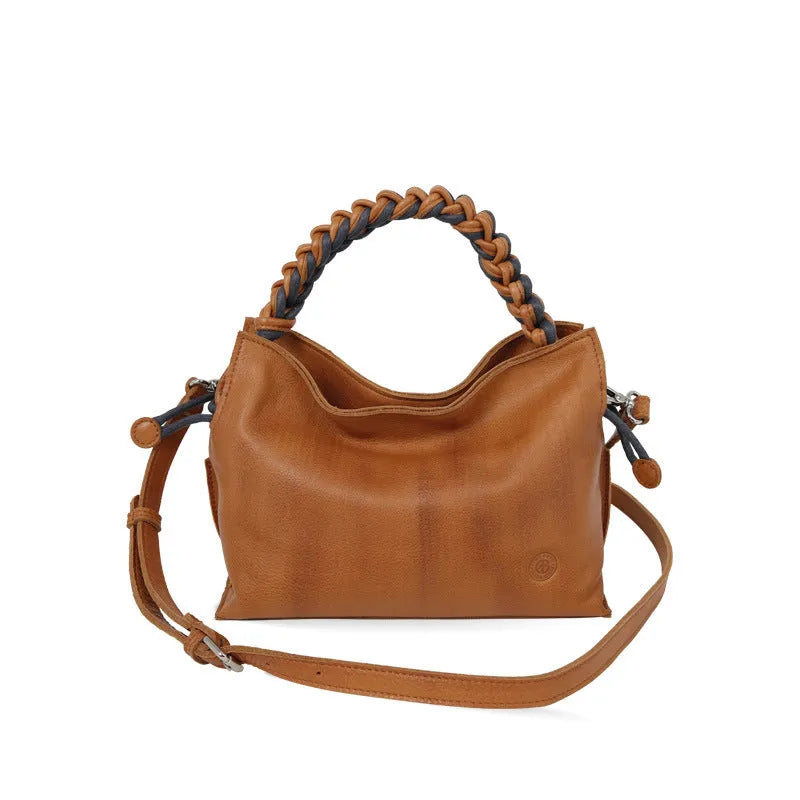 Woven genuine leather women's crossbody bag in light yellow or orange with zipper hidden pocket and polyester cotton lining