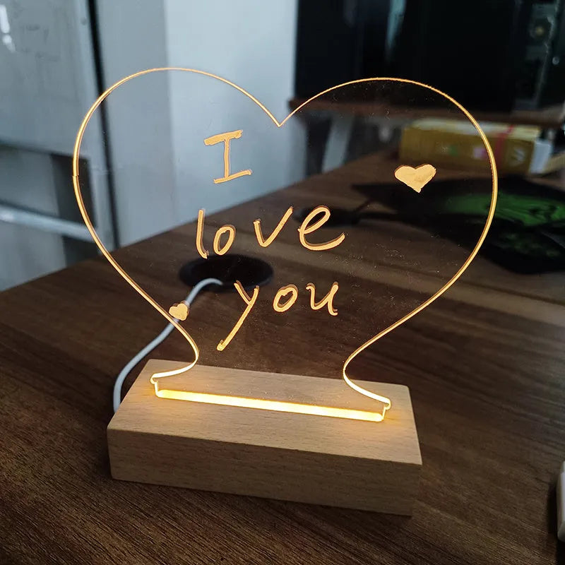 USB message board night light with transparent acrylic surface and warm LED lighting display
