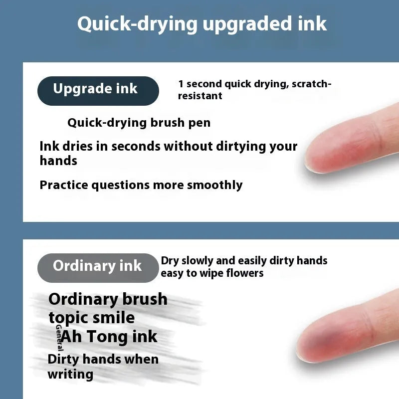 A pack of ten quick-drying 500-metre pen refill cartridges in black, blue, red, and ink blue colours.