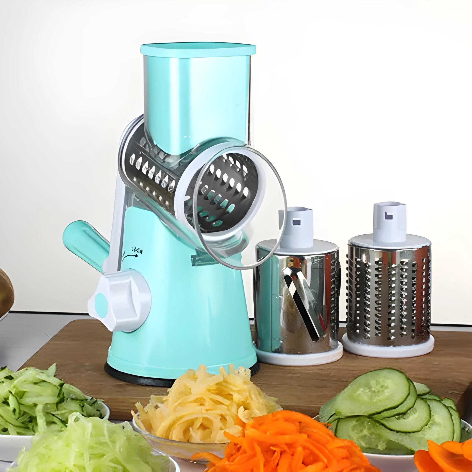 Round manual kitchen mandoline slicer with stainless steel blades in blue, green, or red colour options