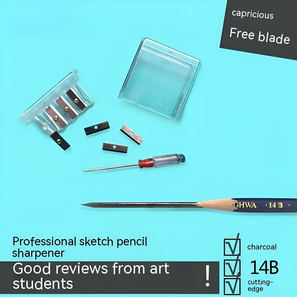 Geometric-shaped plastic pencil sharpener with four sharpening holes and an integrated screwdriver.
