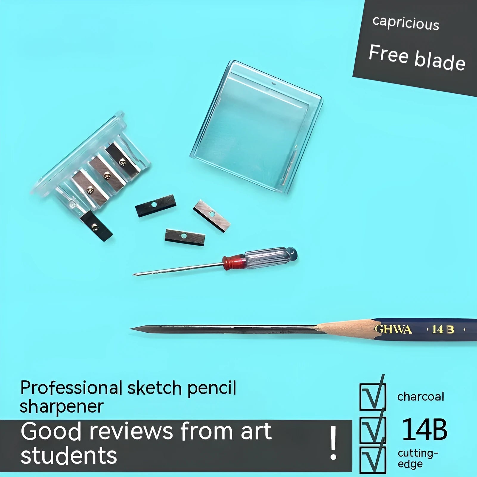 Geometric-shaped plastic pencil sharpener with four sharpening holes and an integrated screwdriver.