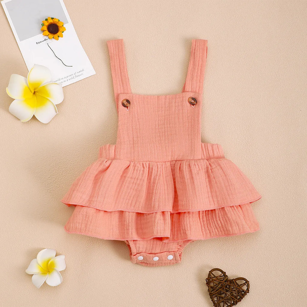 Baby girl cotton triangle jumpsuit summer dress in apricot, sleeveless with hidden hook closure