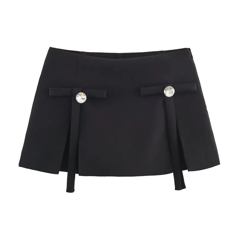 Women's bow jewellery pleated irregular short skirt pants in black Andy velvet mercerised cotton hooded style