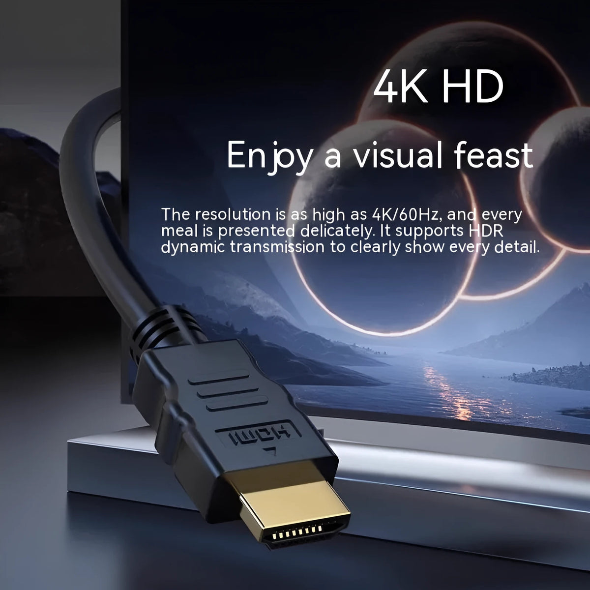 Black HDMI data cable with gold-plated 19+1 connector, shown at 1.5m length for TV set-top box or monitor