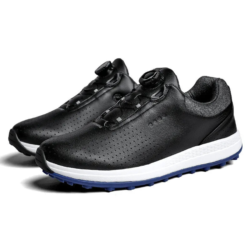 Men's white and black casual golf shoes with breathable hollow-out pattern and MD sole
