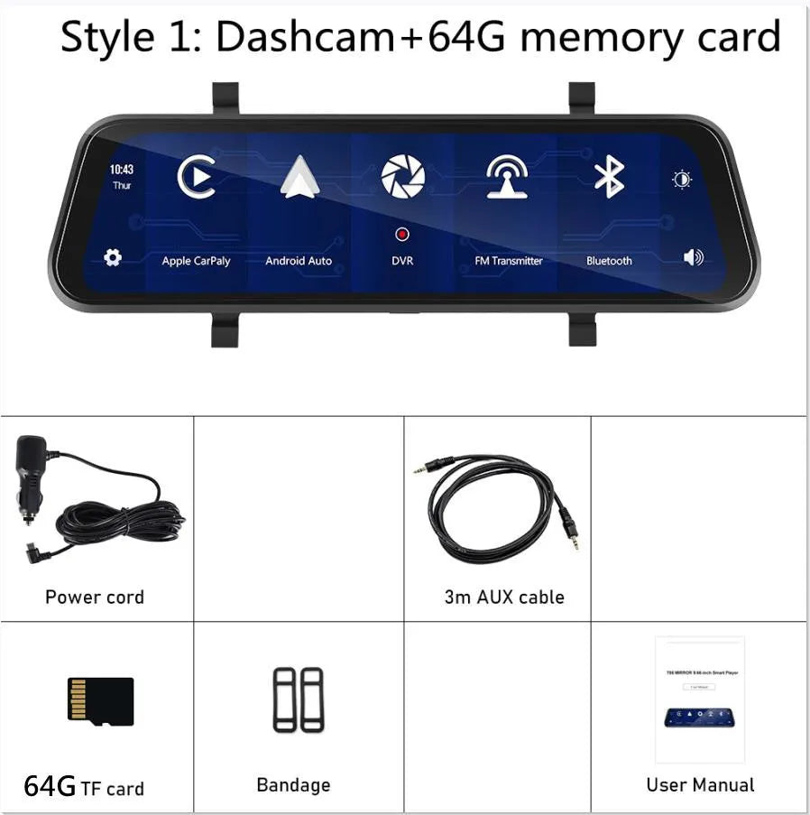 9.66-inch in-mirror car dash cam and video player displayed with mounting bracket and accessories
