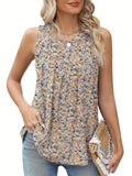 Black plus size sleeveless vest with white floral print, showing loose fit and round neckline.