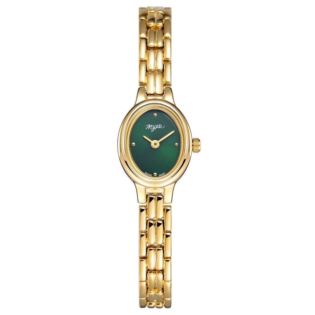 Oval mini women's vintage quartz watch with gold case, alloy strap, 30M water resistance, and 18mm x 22mm dial.