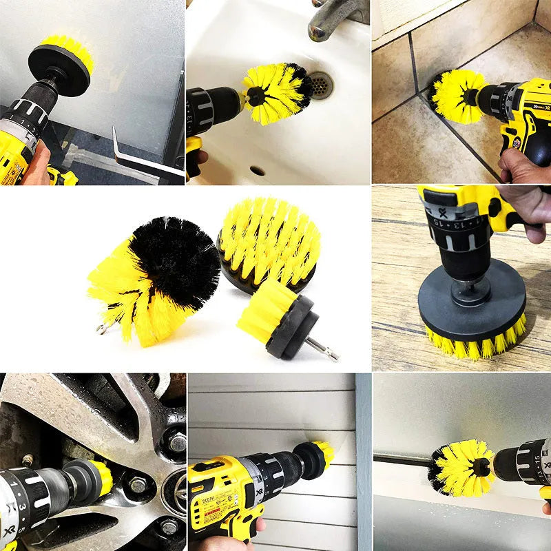 Three nylon drill brushes in different sizes for cleaning bathroom, tile and grout surfaces.