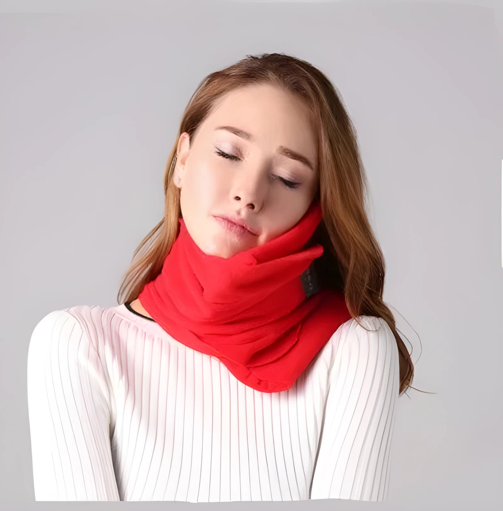 U-shaped neck support travel pillow that can also be worn as a scarf, shown in one of four available colours.