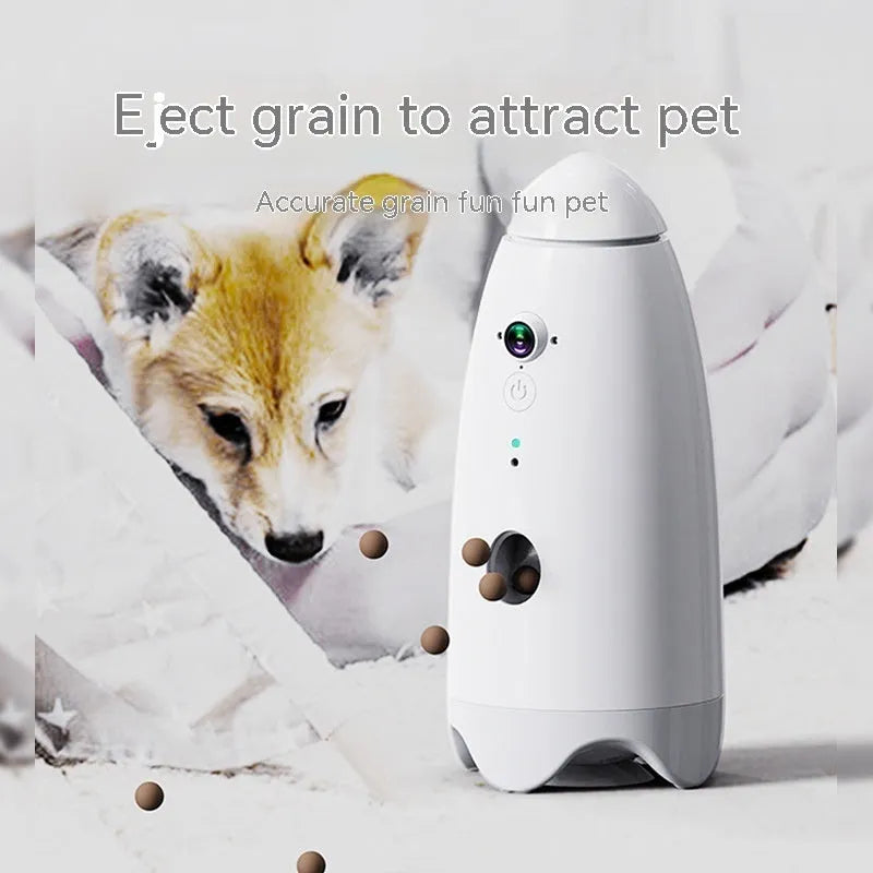 Smart pet feeder in white with built-in camera and APP remote control for dogs and cats, size 270mm by 120mm
