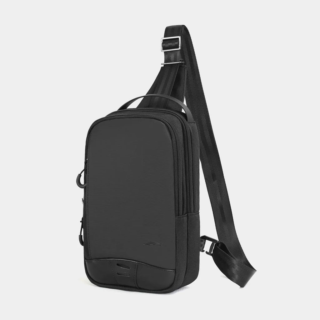Casual black TPU camouflage print chest bag with adjustable strap, shown in a square vertical shape.