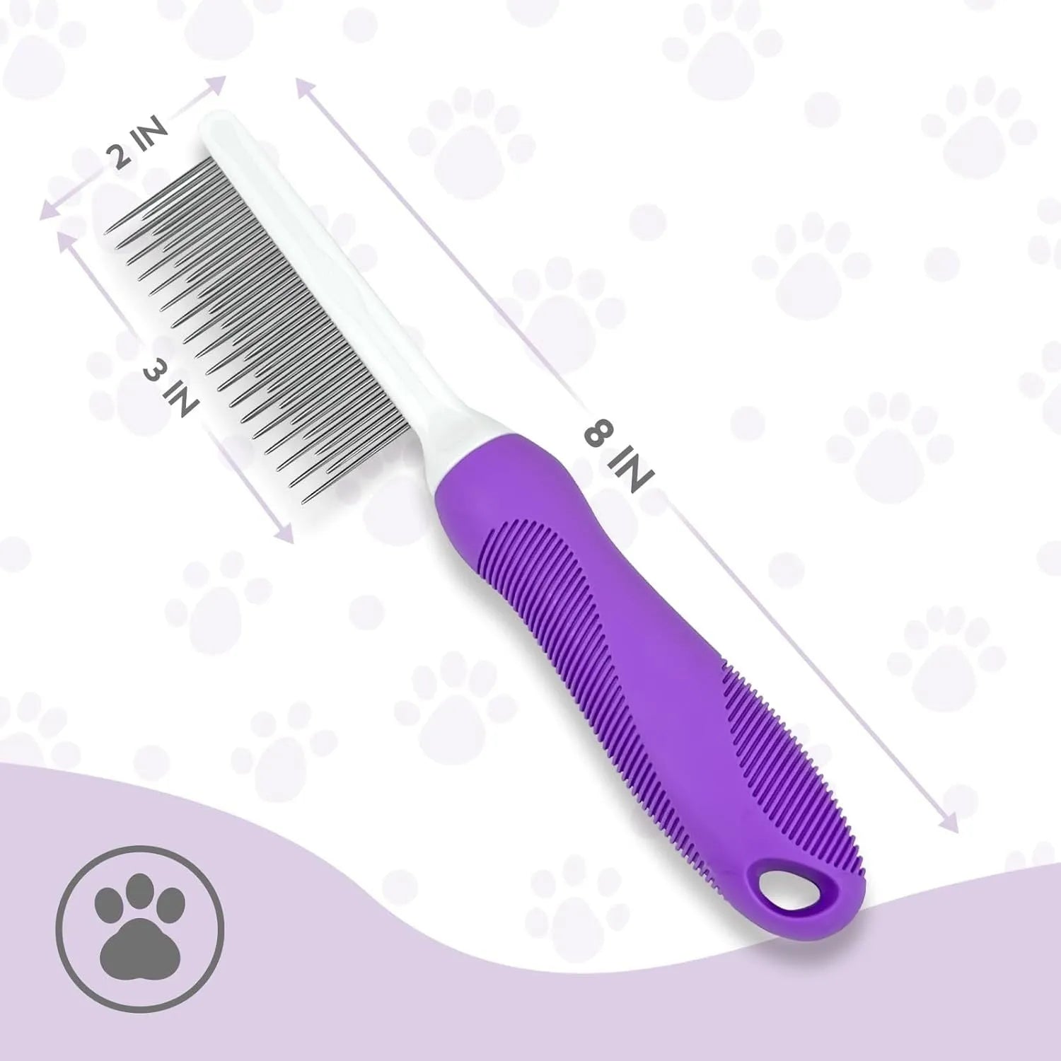 Purple pet detangling comb with stainless steel teeth on a 27cm long ergonomic handle.