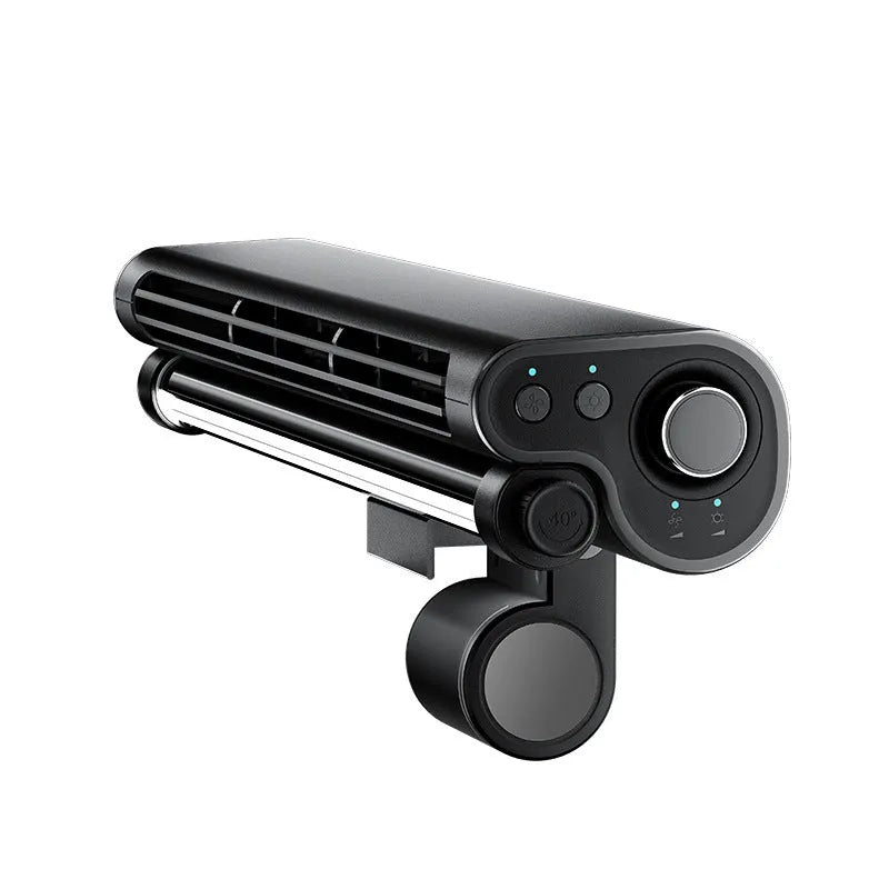 Black USB-powered bladeless fan with clip and integrated desk lamp attached to a laptop screen.