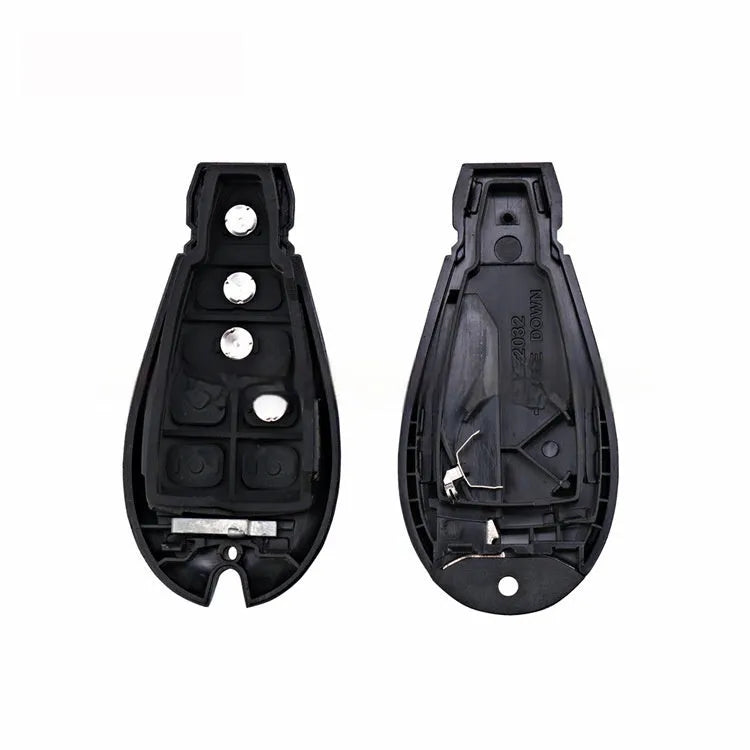 Empty replacement smart key shell for Dodge and Chrysler vehicles, showing dimensions and model codes.