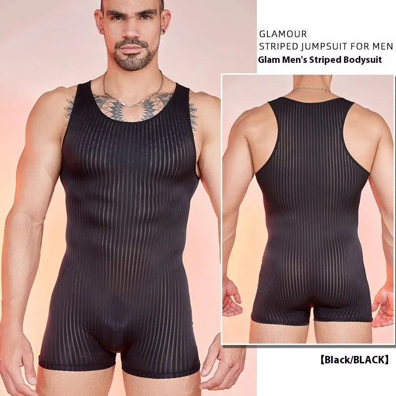 Men's lightweight striped nylon jumpsuit shown in black, dark grey, and white colour options.