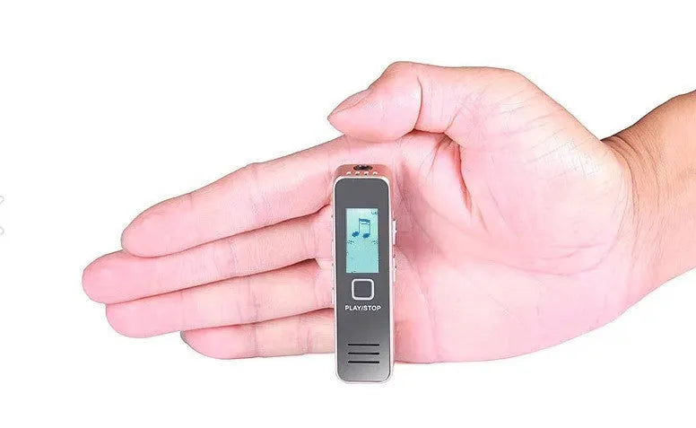 Black mini digital voice recorder showing one-touch button and two-colour display