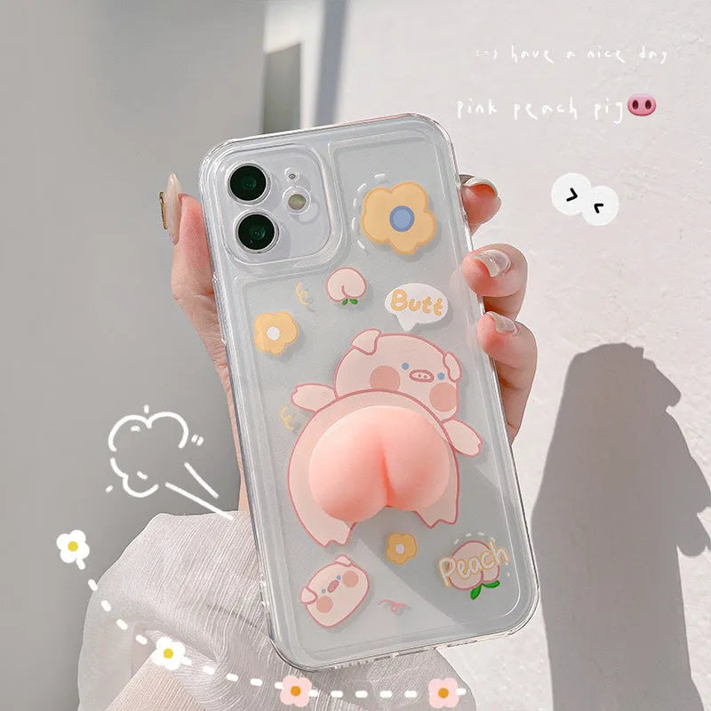 Silicone phone case with raised pig butt design and pinch music control feature