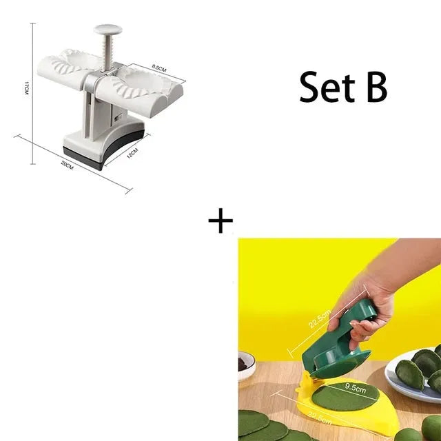 White double-head manual dumpling maker with anti-slip rubber base on a kitchen counter.