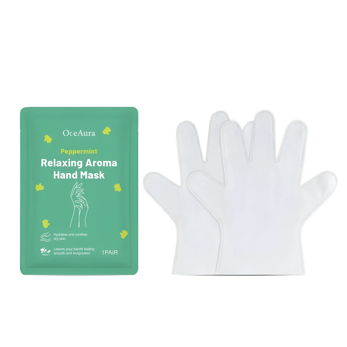 A pair of moisturising hand masks with hyaluronic acid and mint extract for relaxing aroma skincare