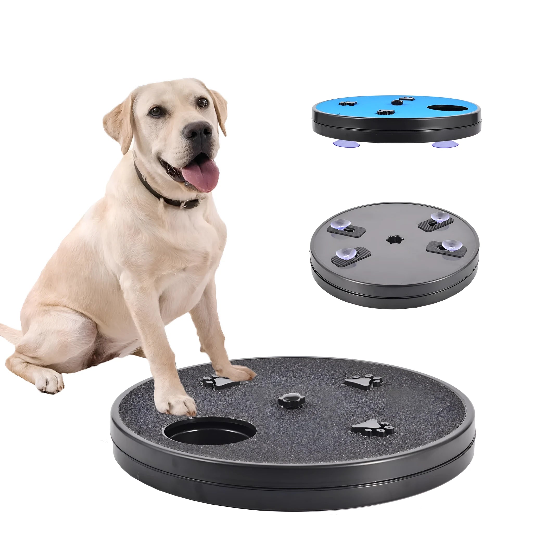 Rotatable dog nail file board with slow feeder compartments and suction cup base