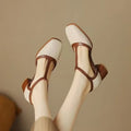 Retro colour block hole sandals with chunky heel in apricot