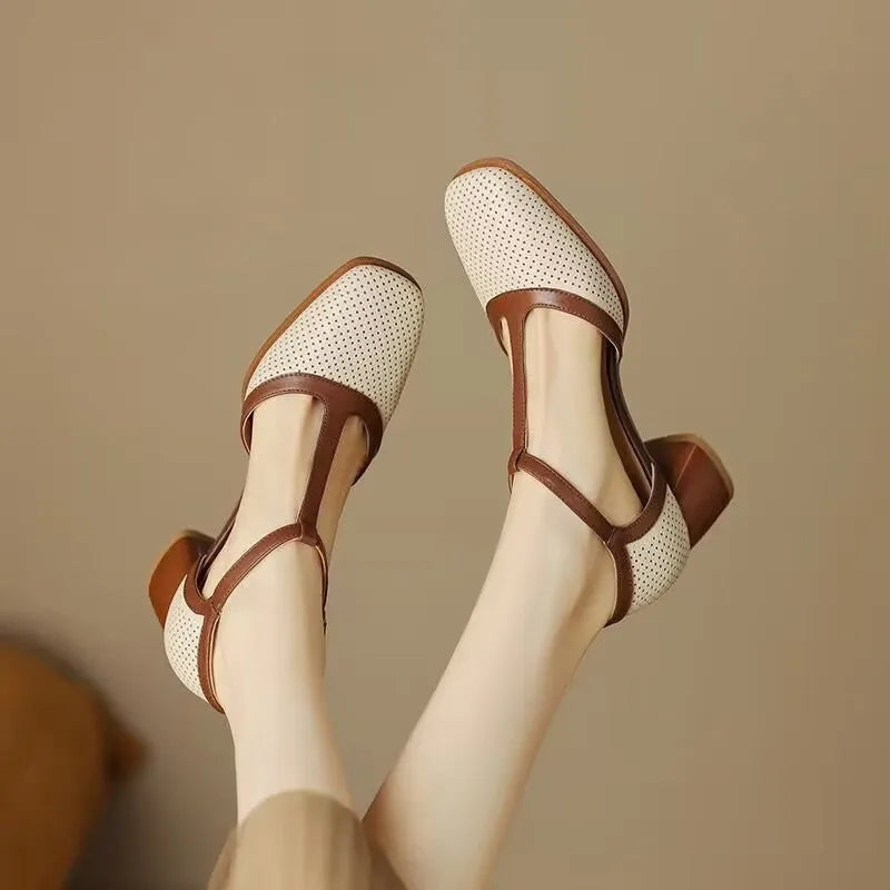 Retro colour block hole sandals with chunky heel in apricot