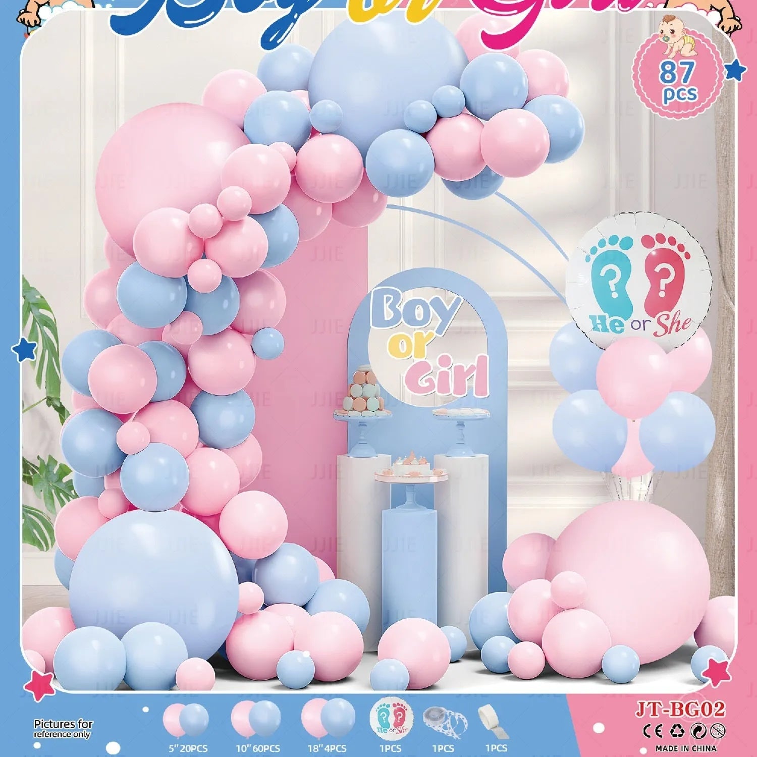 Gender reveal balloon decoration kit with aluminum foil round balloons, pink bottle, blue bottle, and ribbon