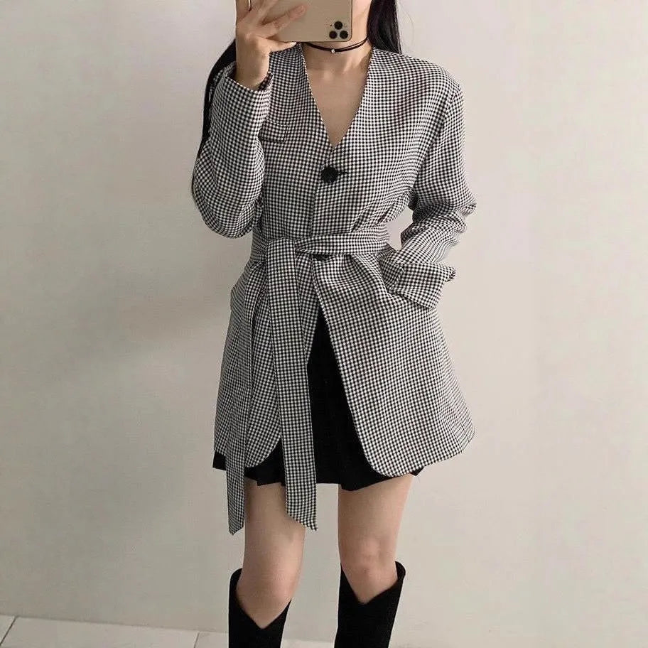 Women's houndstooth slim tied suit with long sleeves, average size, two-piece coat and trousers set