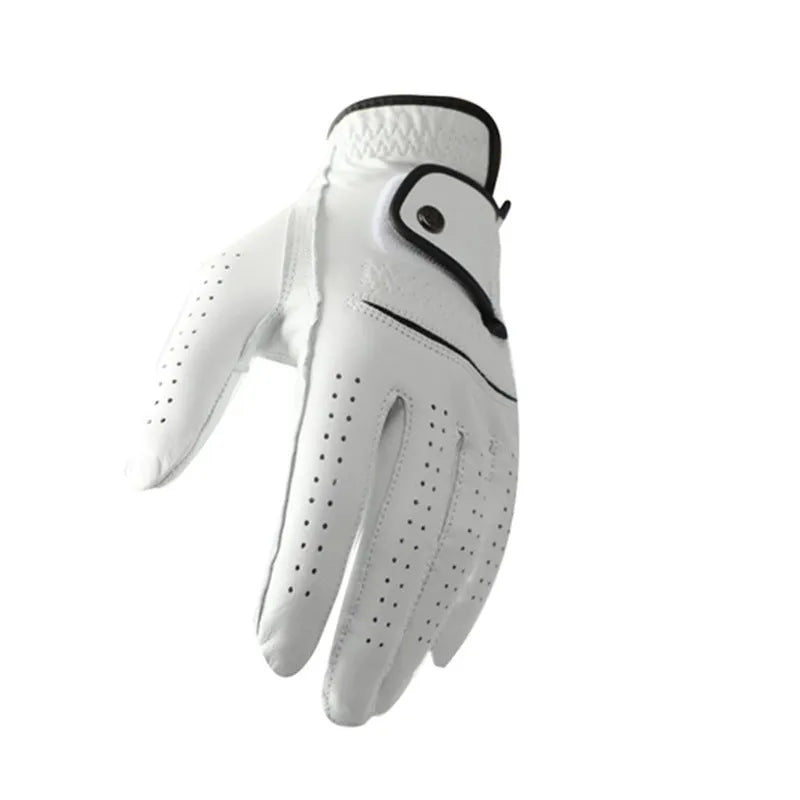 Men's white half sheepskin leather golf glove showing non-slip palm detail.