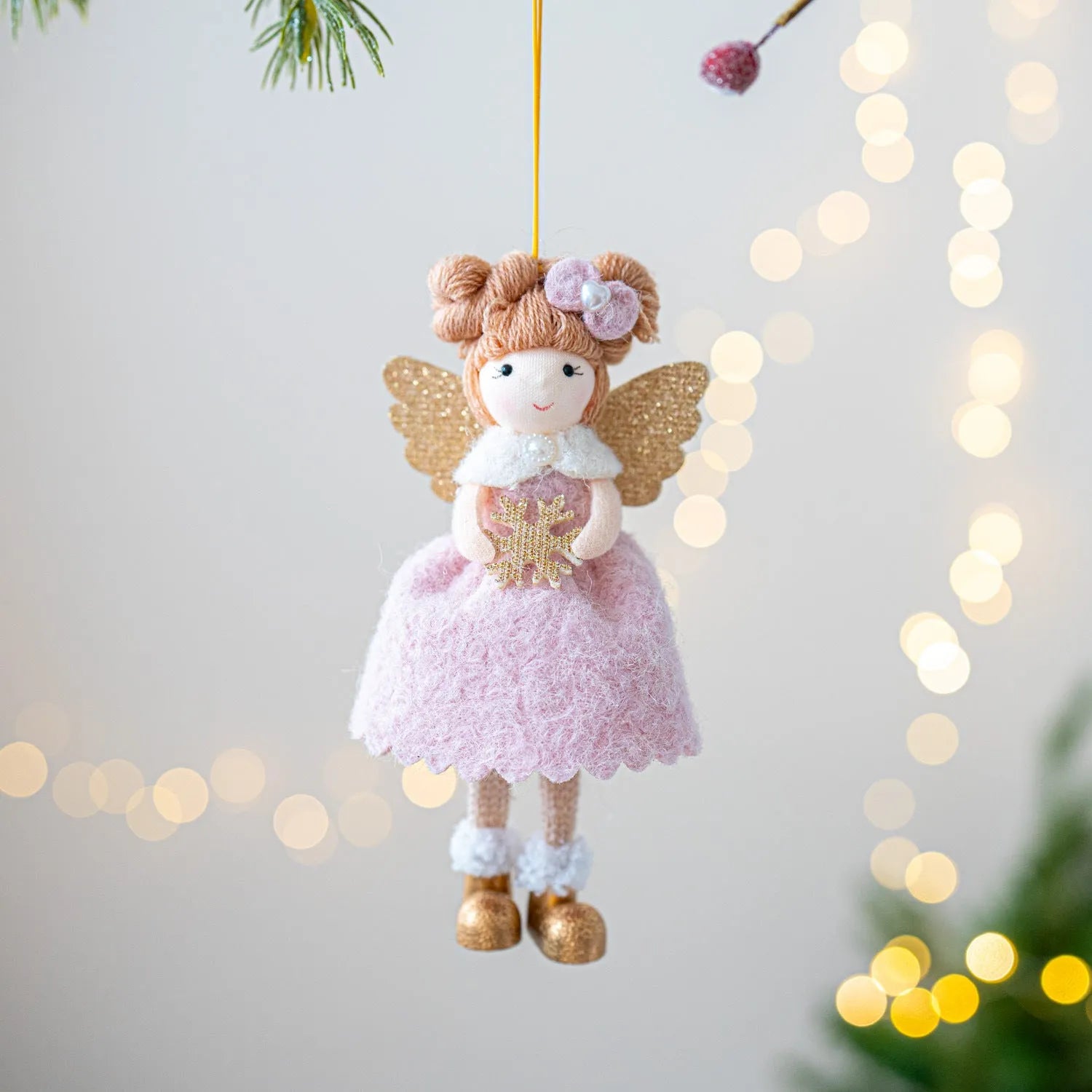 Pink and white cloth Christmas angel wings plush pendant with modern design