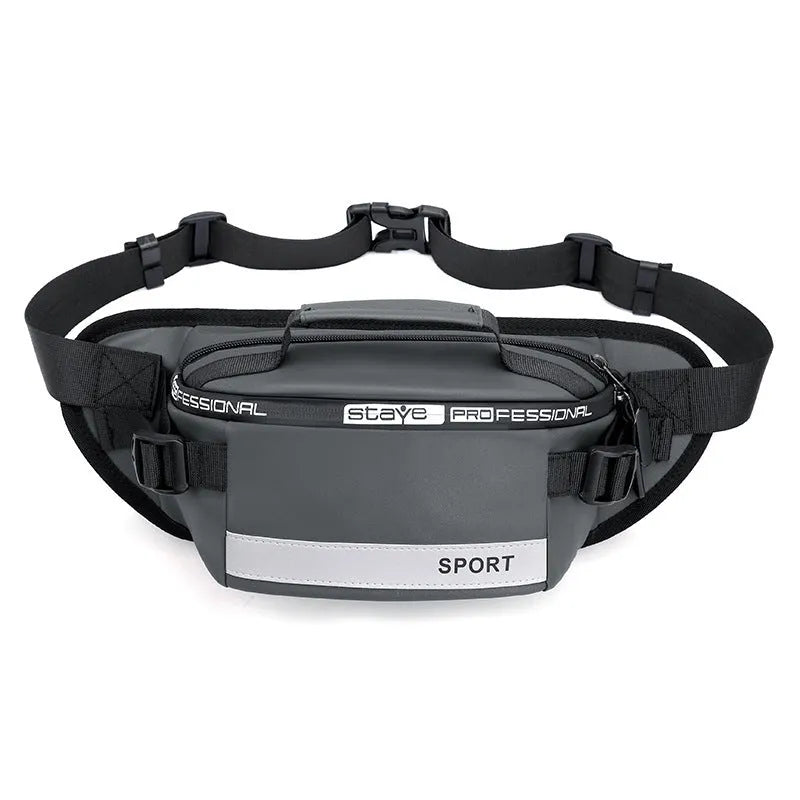 Reflective men's crossbody waist bag in black, small horizontal square shape with zipper closure and nylon waterproof finish