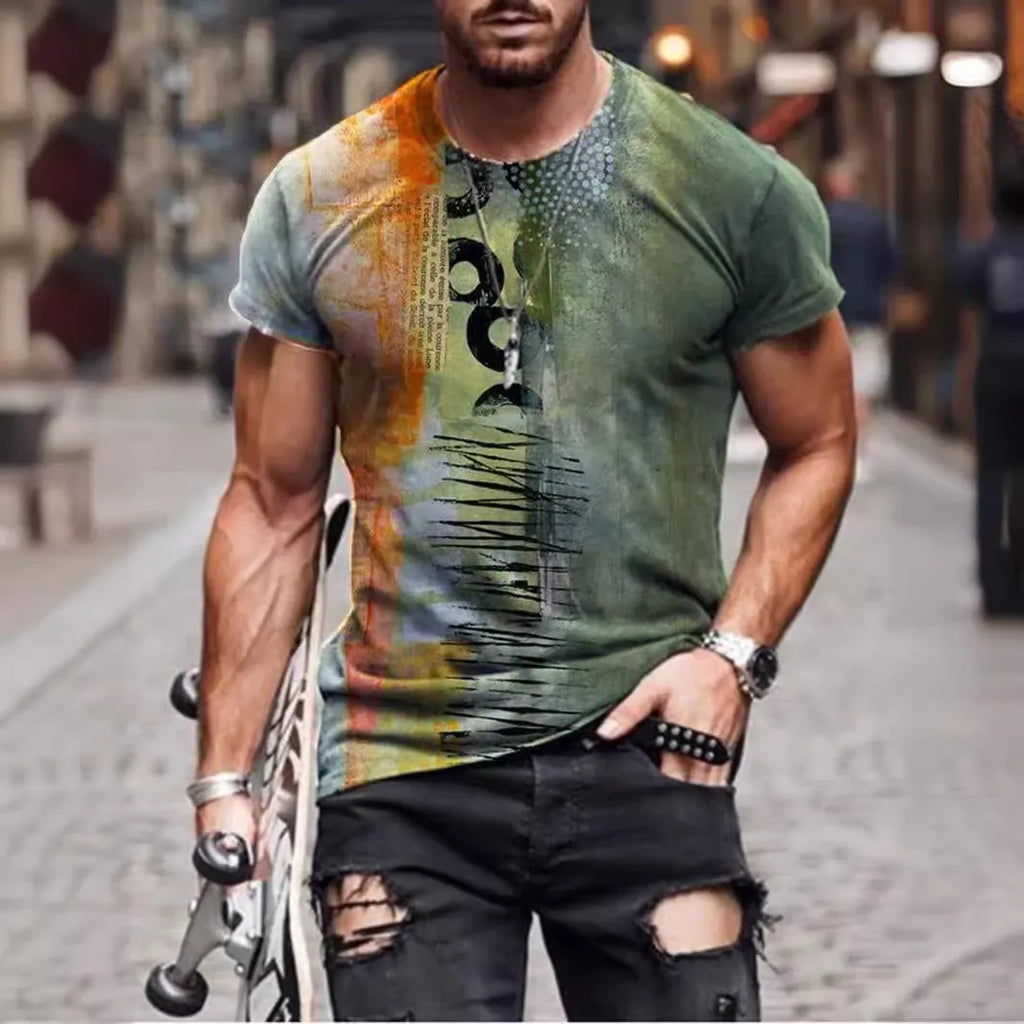 Man wearing a loose-fit camouflage print short-sleeved T-shirt in milk silk fabric.