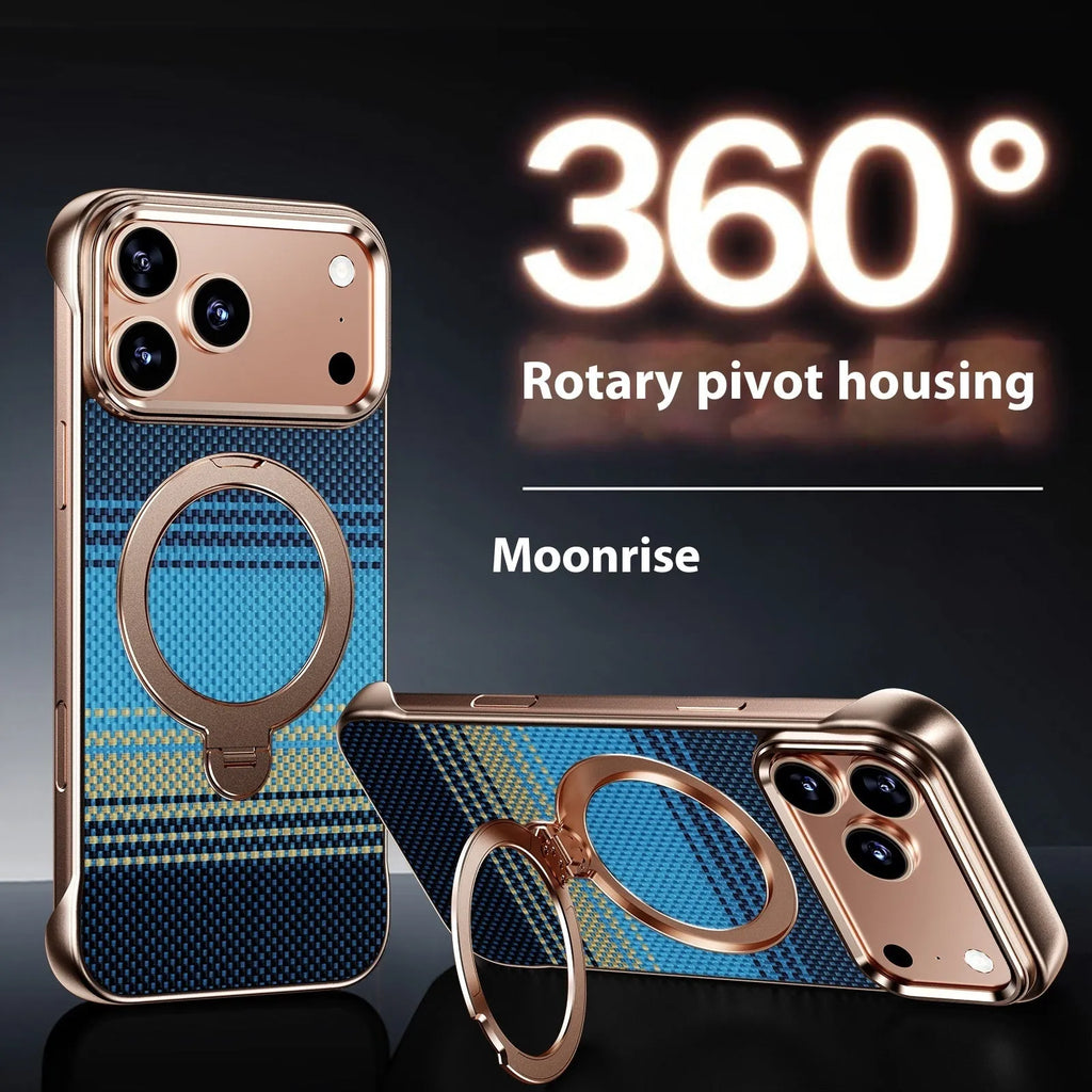 Aramid fibre frameless phone case with aluminium alloy frame, built-in bracket, and magnetic suction for iPhone 15 Pro Max