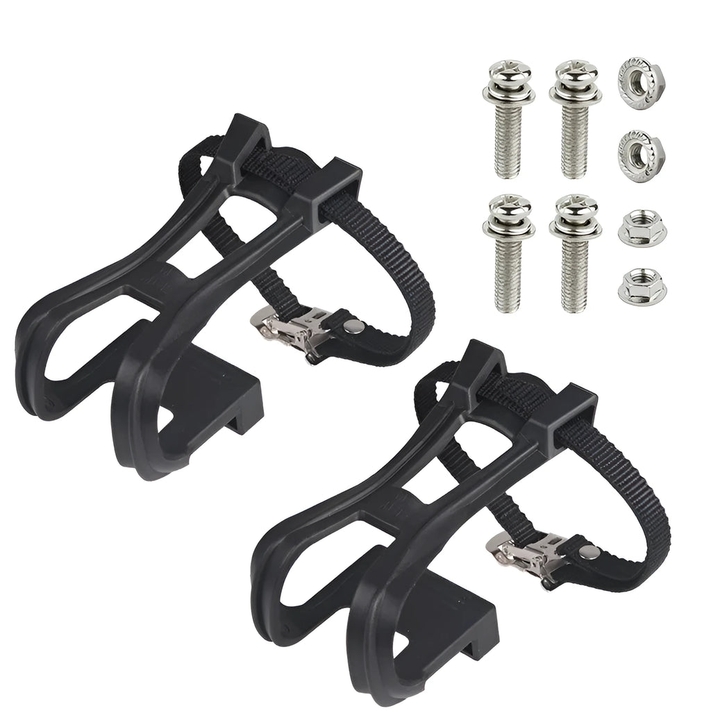 Fitness spinning pedal foot holder rope kit with plastic sets, metal bolts, and flange nuts on black background