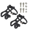 Fitness spinning pedal foot holder rope kit with plastic sets, metal bolts, and flange nuts on black background