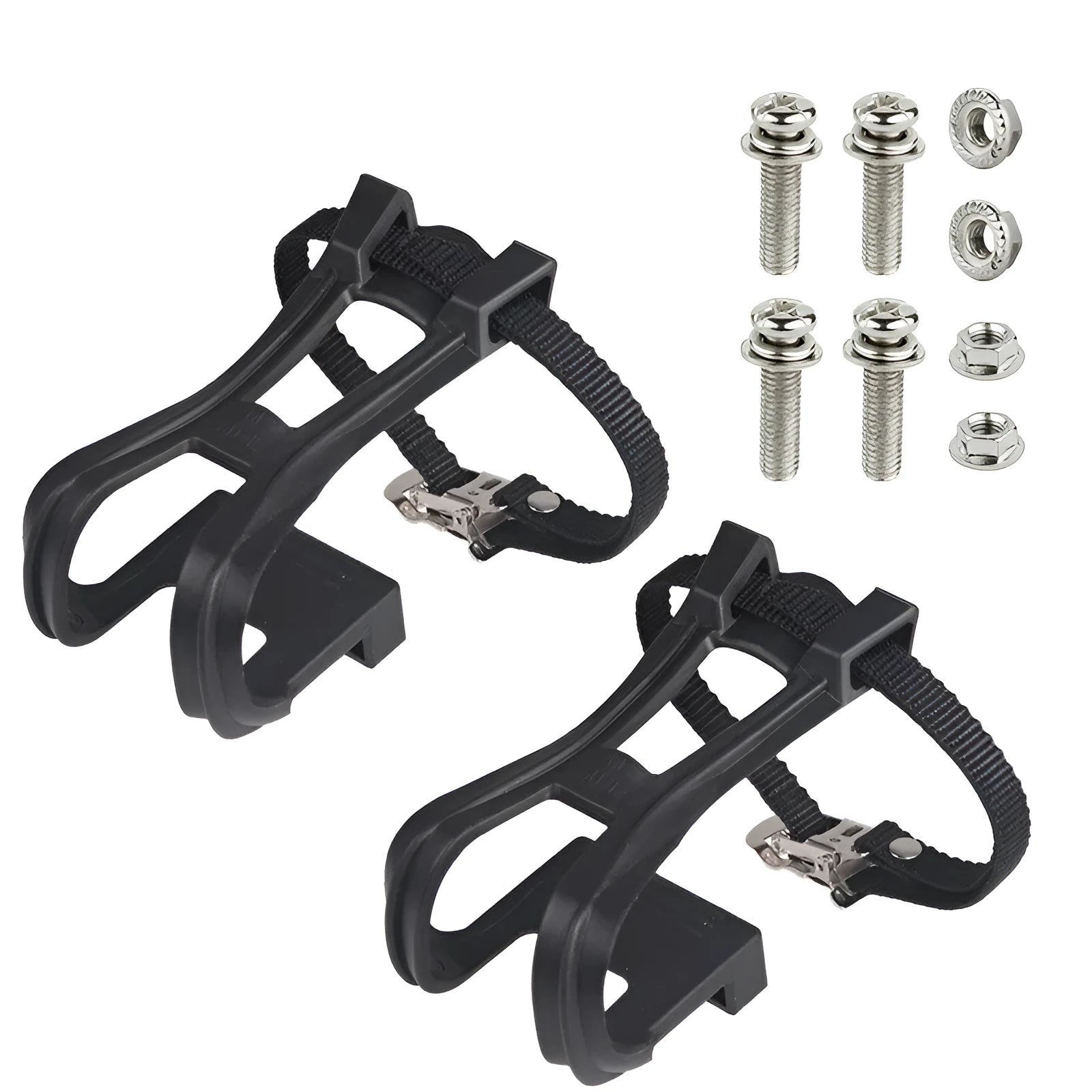 Fitness spinning pedal foot holder rope kit with plastic sets, metal bolts, and flange nuts on black background