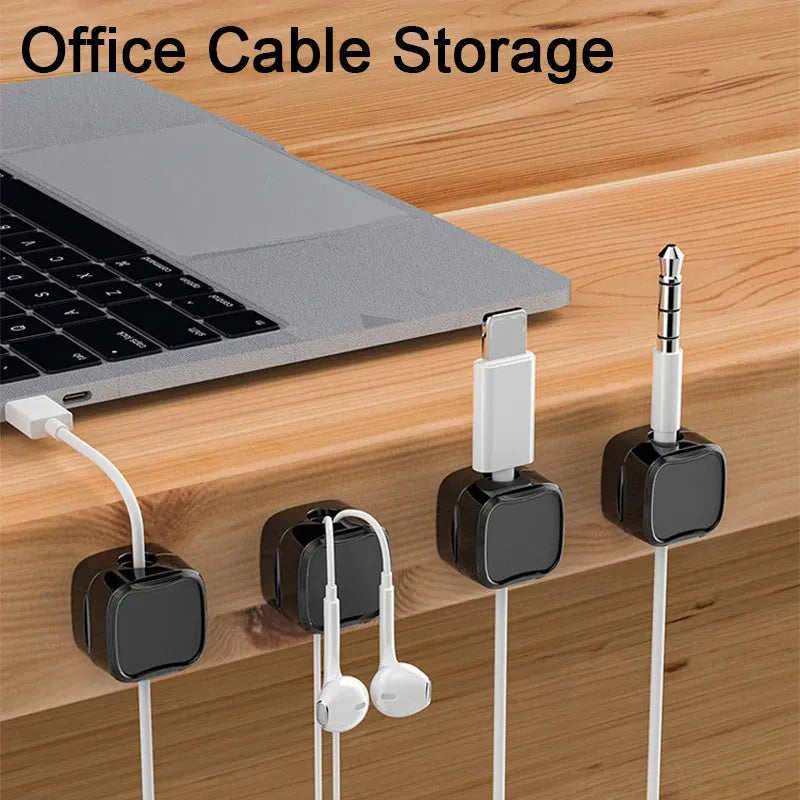 White and black magnetic cable clips for under desk cable management with 2kg capacity