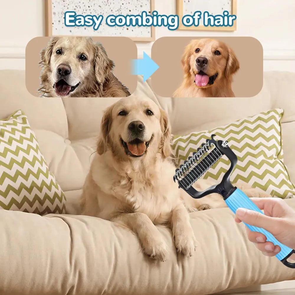 Double-sided stainless steel dematting comb for dogs and cats in blue or pink, large or small size