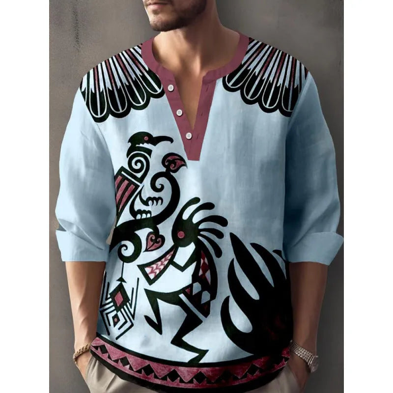 Men's 3D digital printing bamboo linen long sleeve pullover loose fit casual top spring autumn