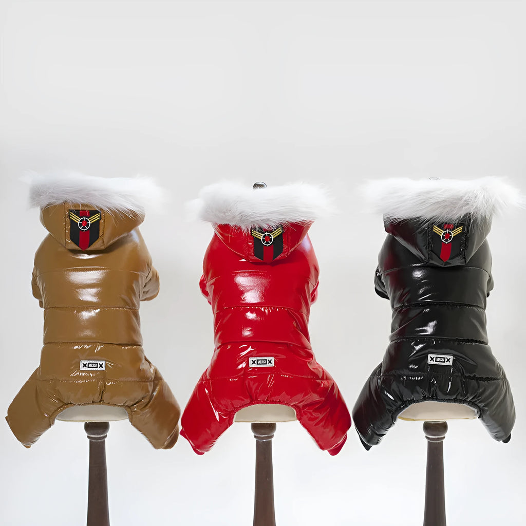 PU leather dog coat for teddy dogs in red colour, European American style, lying on a light surface
