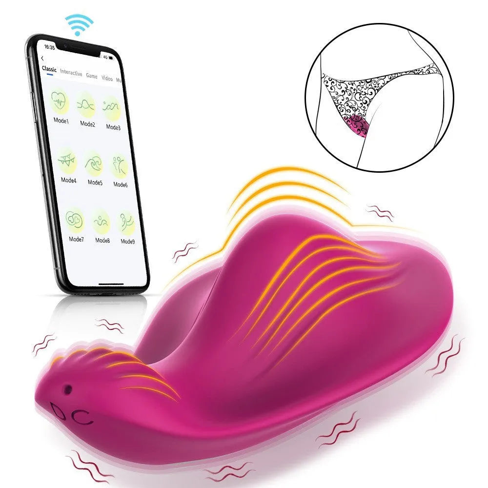 Rose red silicone female vibrator with butterfly design and mobile app control