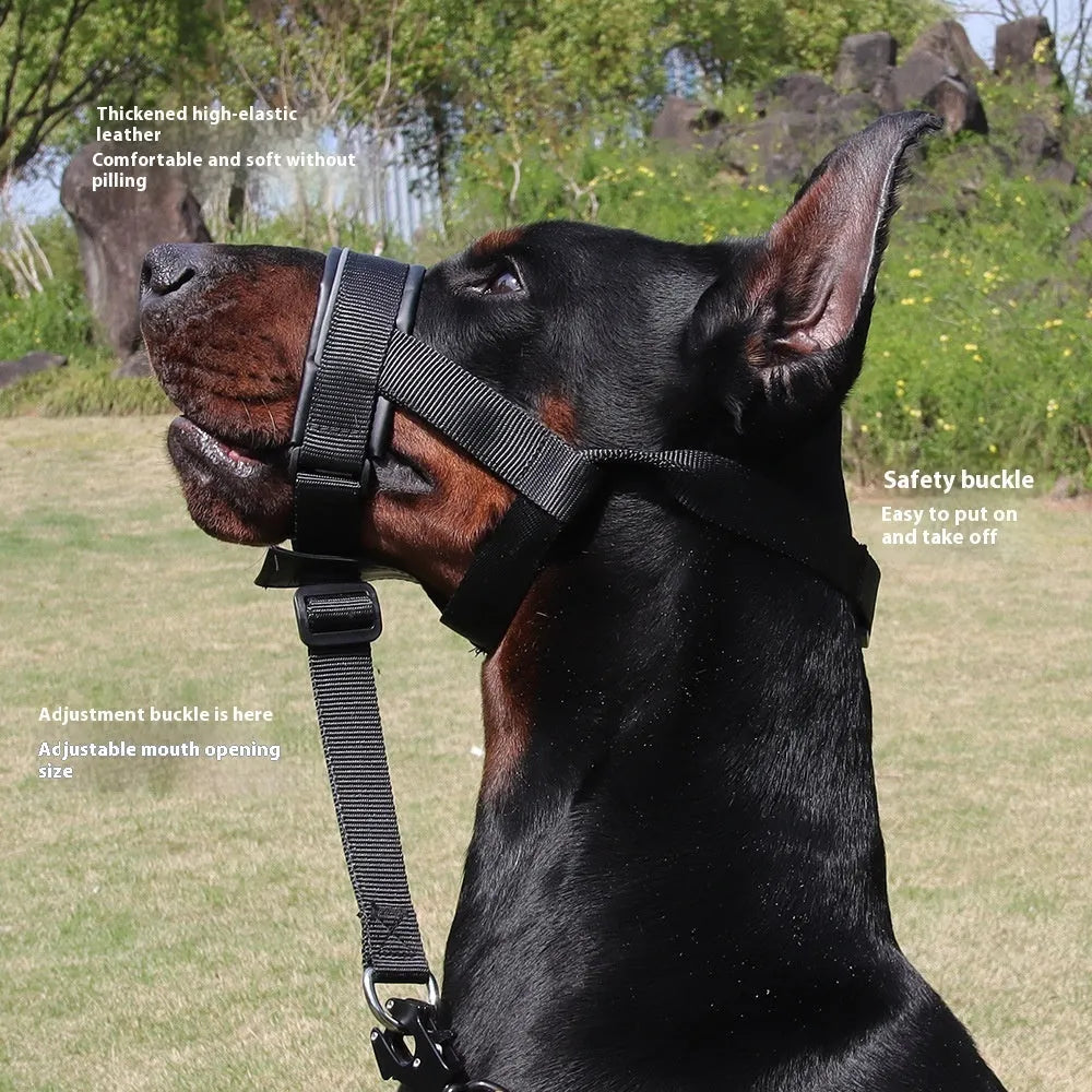 Leather anti-bite anti-bark dog mouth cover in black for medium to large dogs, adjustable with strap