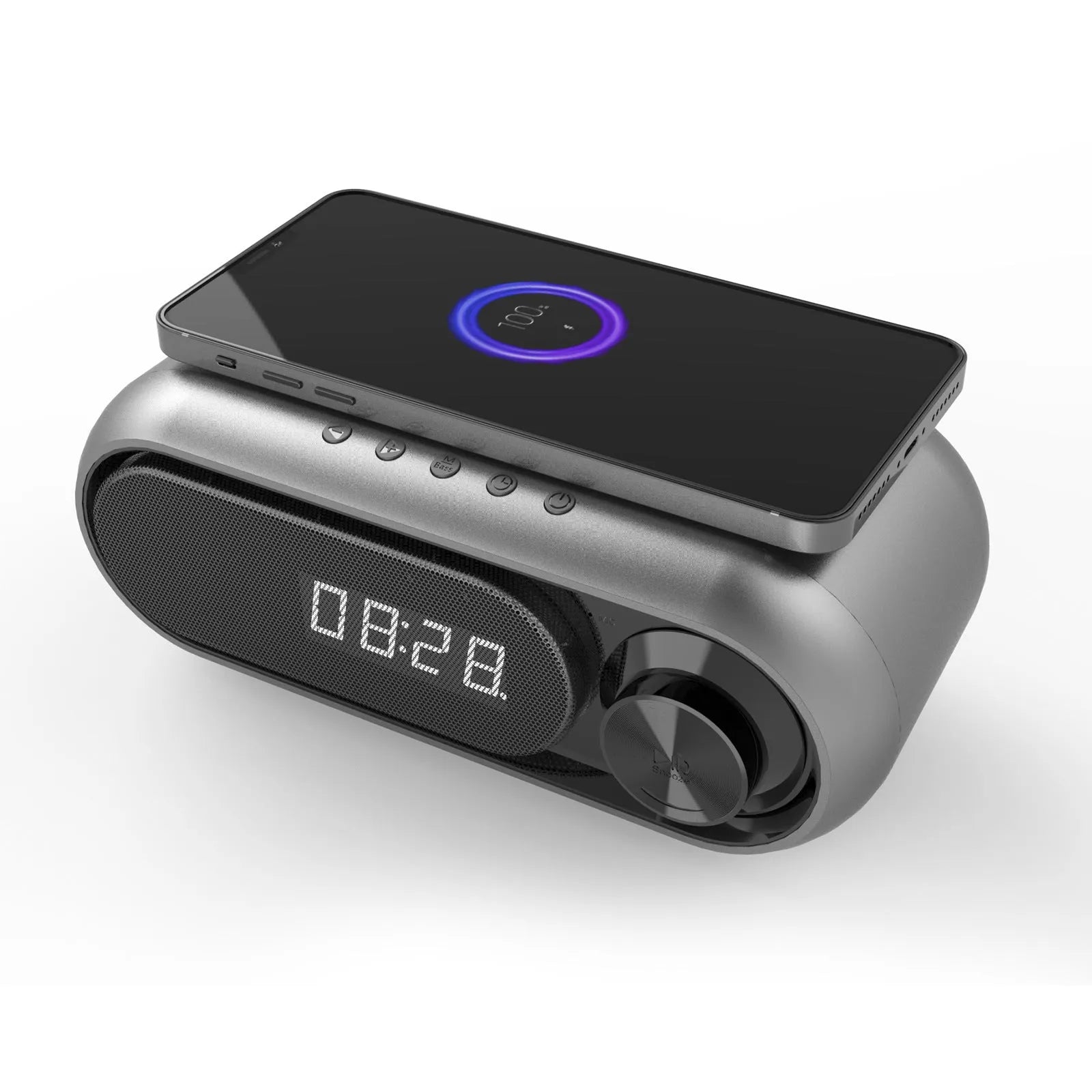 Space Grey wireless charging bedside alarm clock with Bluetooth speaker and LED display