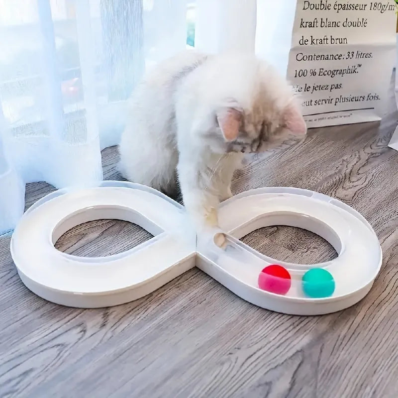 Blue and white self-moving cat turntable track toy with teasing stick for interactive play.