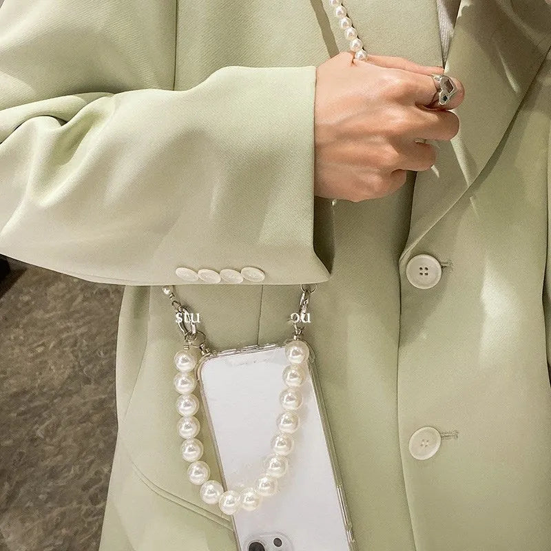 Big Pearl soft mobile phone case in Photo Colour with decorative chain, compatible with multiple iPhone models.